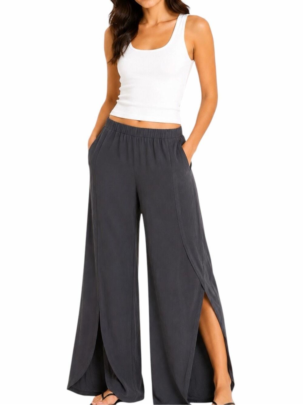 COA COMING OF AGE NYC Side Slit Modal Stretch Wide Leg Pants Charcoal Size 3